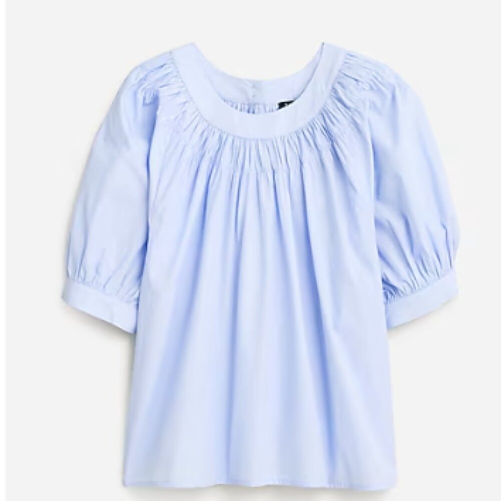 NWT J.CREW Size XS Smocked Puff-Sleeve Top in cotton poplin -Blue Eoe